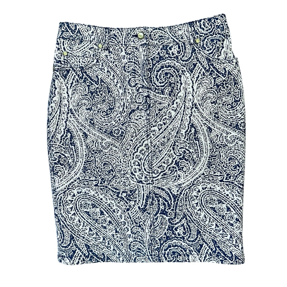 J. McLaughlin Navy Blue & White Paisley Denim Pencil Casual Summer Skirt Size 0
